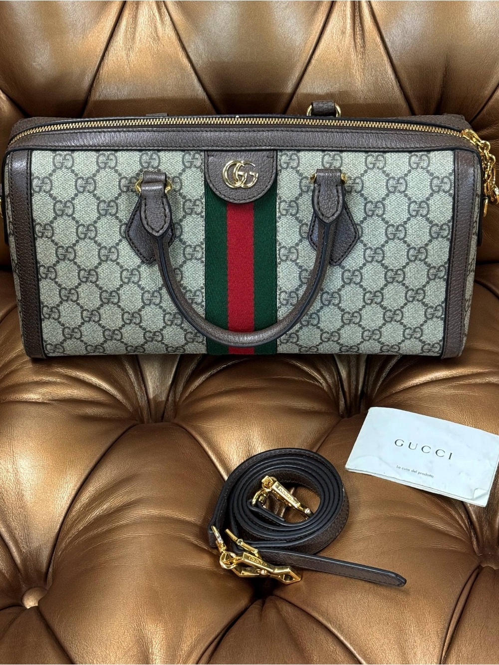 Gucci Ophidia Boston Bag GG Coated Canvas Medium Strap Booklets Shoulder Bag Pur